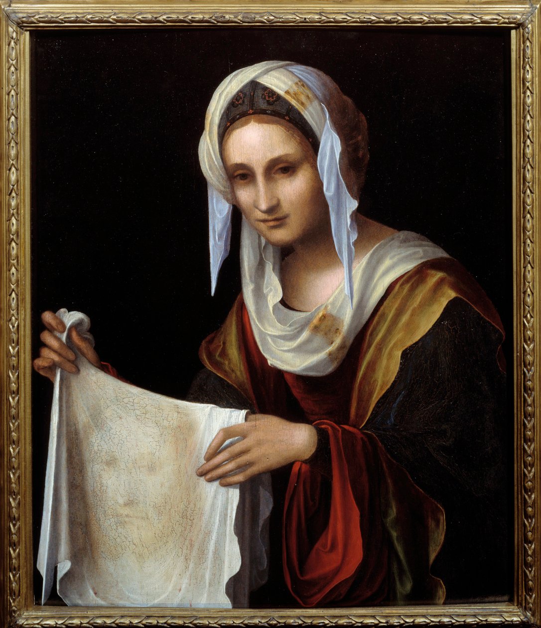 Heilige Veronica. Het Heilige Doek toont het gezicht van Christus door Lorenzo Costa