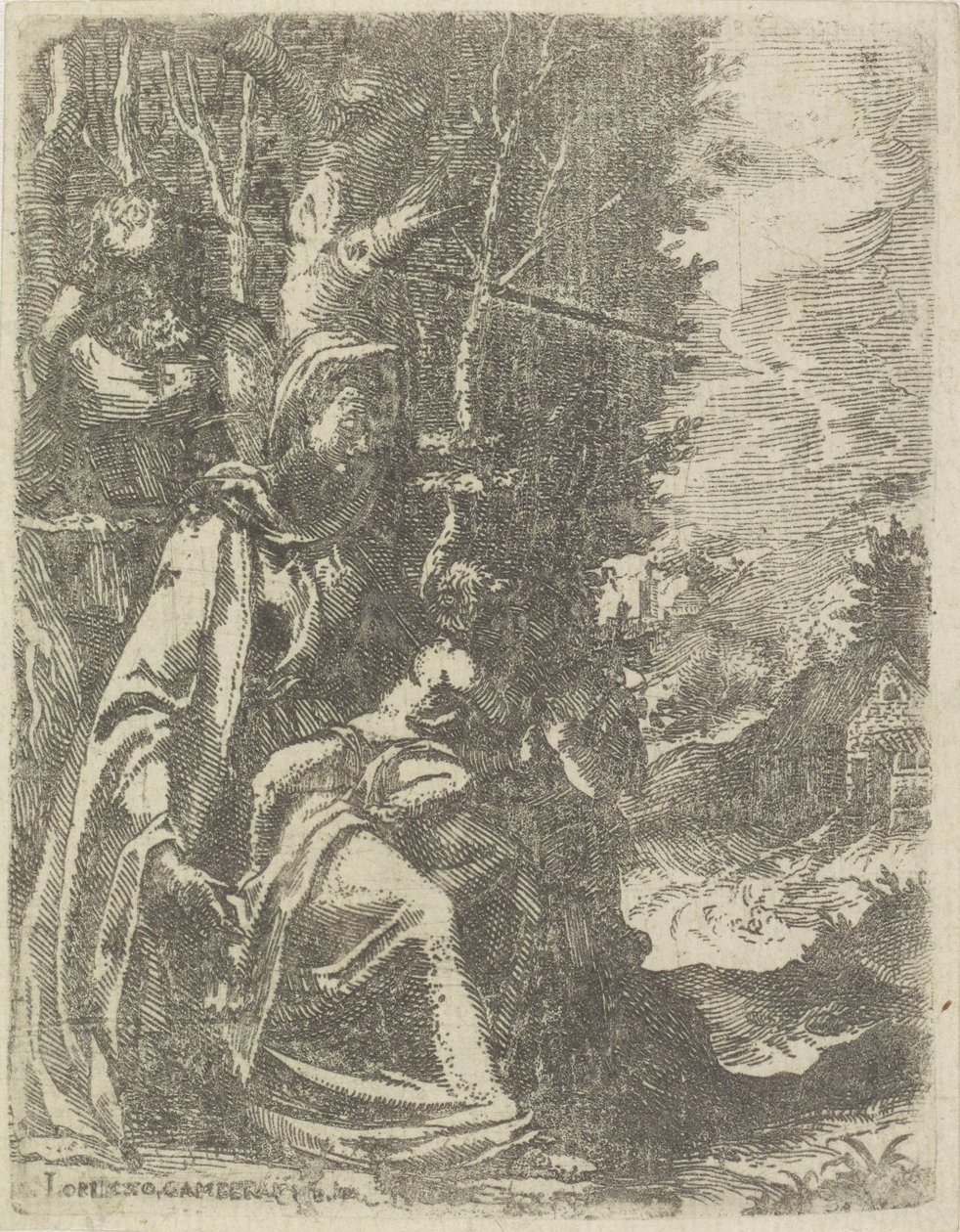 Heilige Familie met de jonge Johannes de Doper in een landschap door Lorenzo Gamberati
