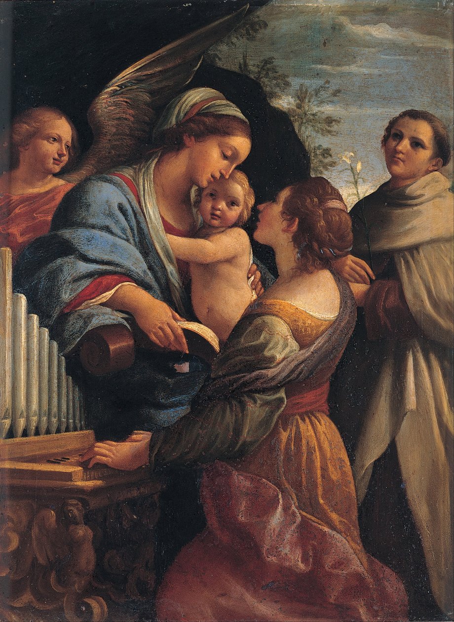 Italiaans: Madonna met kind en de heiligen Cecily en Albert Madonna met het kind, de heilige Cecily en de heilige Albert door Lorenzo Garbieri
