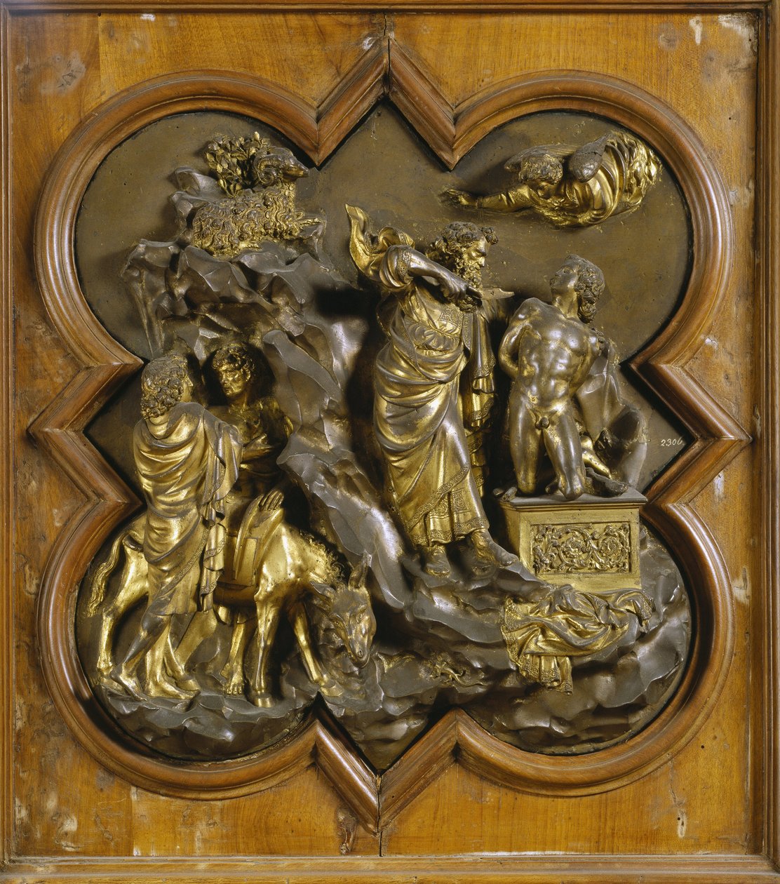 Het offer van Isaac. Origineel paneel van de Paradijsdeur (oostdeur van de Baptisterium), na restauratie. Verguld brons van Lorenzo Ghiberti (1378-1455), 1425-52. Museo dell Bargello, Florence. door Lorenzo Ghiberti