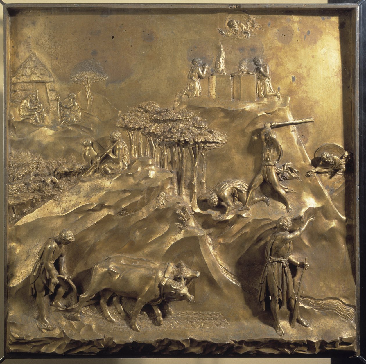 Leven van Kaïn en Abel: het offer, de moord op Abel en God die Kaïn verbant. Origineel paneel van de deur van het Paradijs door Lorenzo Ghiberti