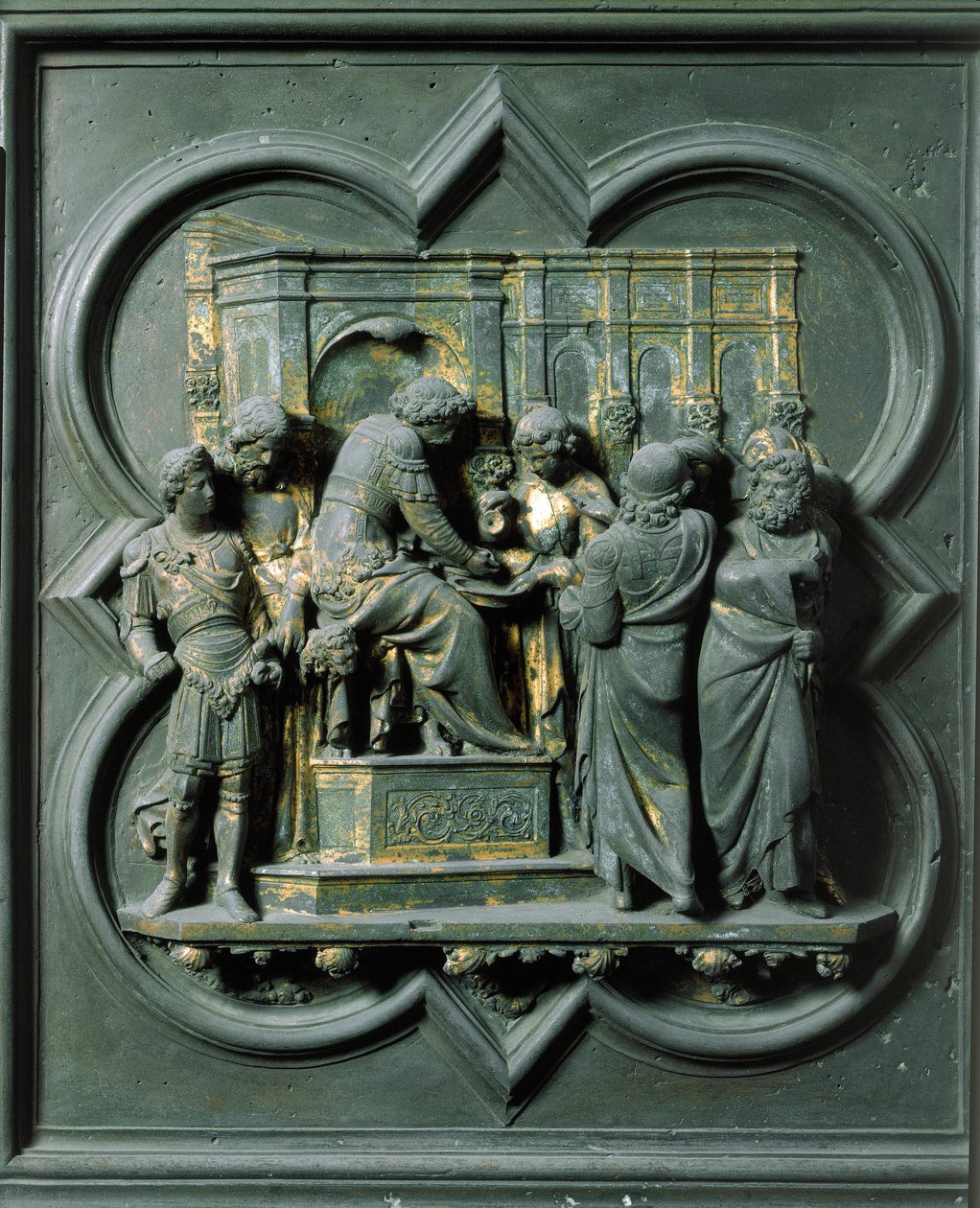 Noordpoort (genoemd Poort van het Kruis, in het noorden), buitendetail: Christus voor Pontius Pilatus door Lorenzo Ghiberti