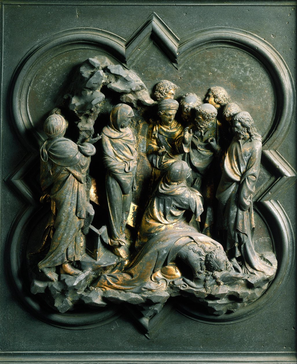 Noordpoort (ook wel Kruispoort genoemd, in het noorden), exterieur detail: de opstanding van Lazarus. Bronzen sculptuur gemaakt door Lorenzo Ghiberti door Lorenzo Ghiberti