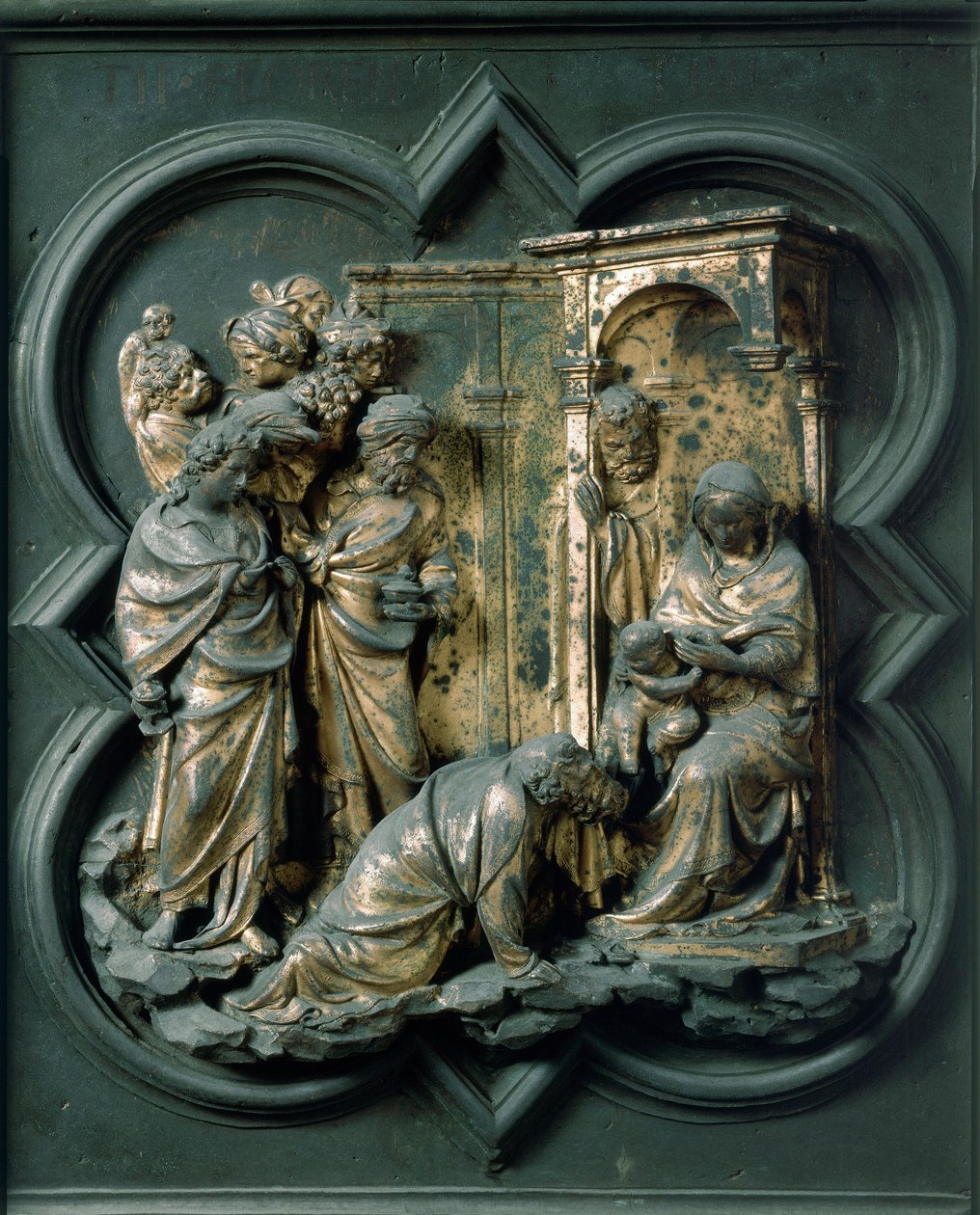 Noordpoort (genaamd Kruispoort, naar het noorden), exterieur detail: Aanbidding der Wijzen. Bronzen sculptuur gemaakt door Lorenzo Ghiberti door Lorenzo Ghiberti