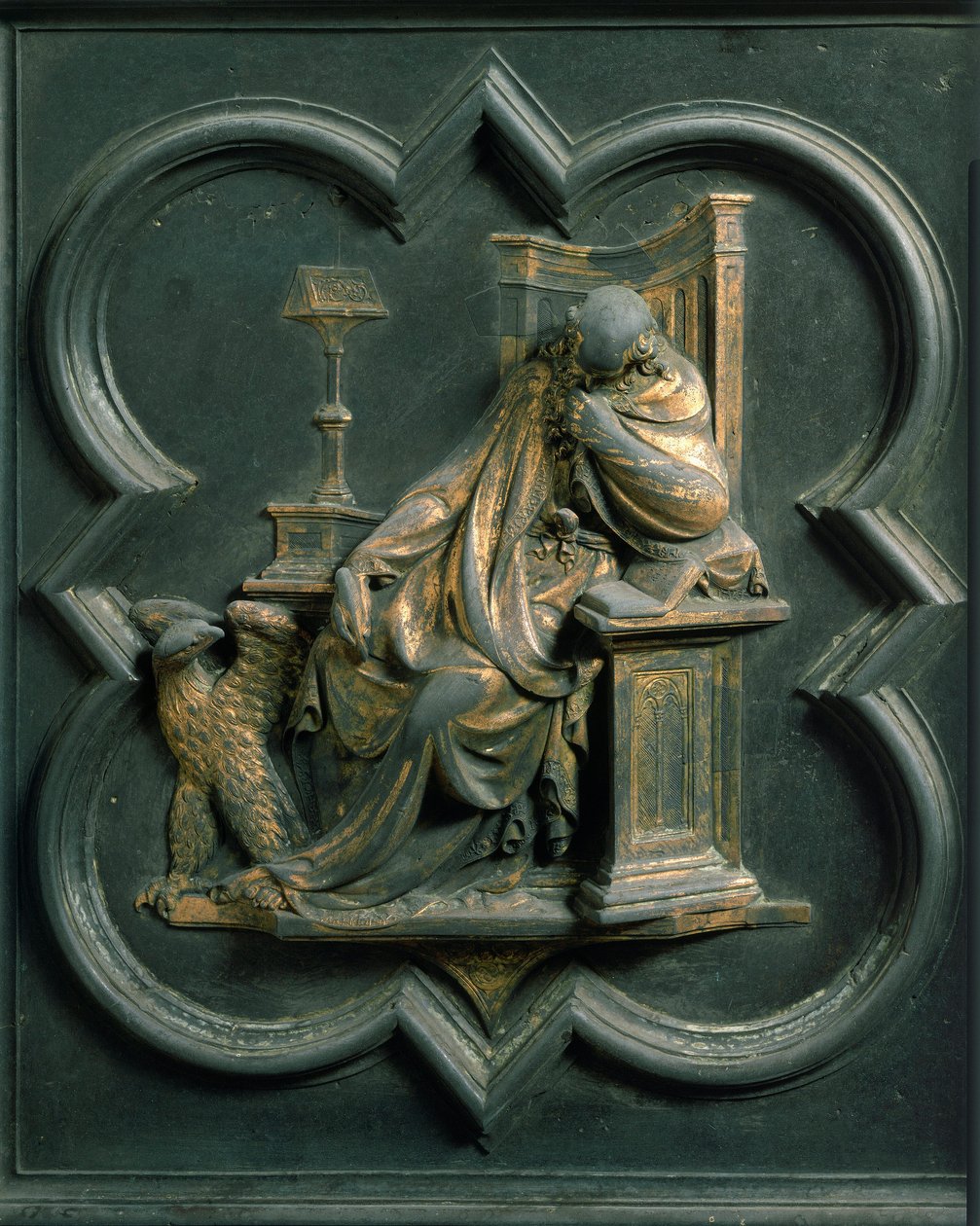 Noordpoort (genoemd Poort van het Kruis, in het noorden), buitendetail: Sint Johannes Evangelist door Lorenzo Ghiberti