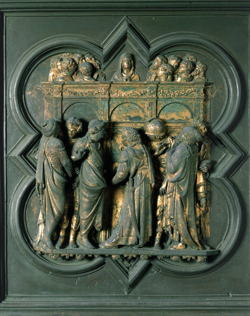 Noordpoort (genoemd Porte de la Croix, in het noorden), exterieur detail: "Pinksteren" Bronzen sculptuur gemaakt door Lorenzo Ghiberti door Lorenzo Ghiberti