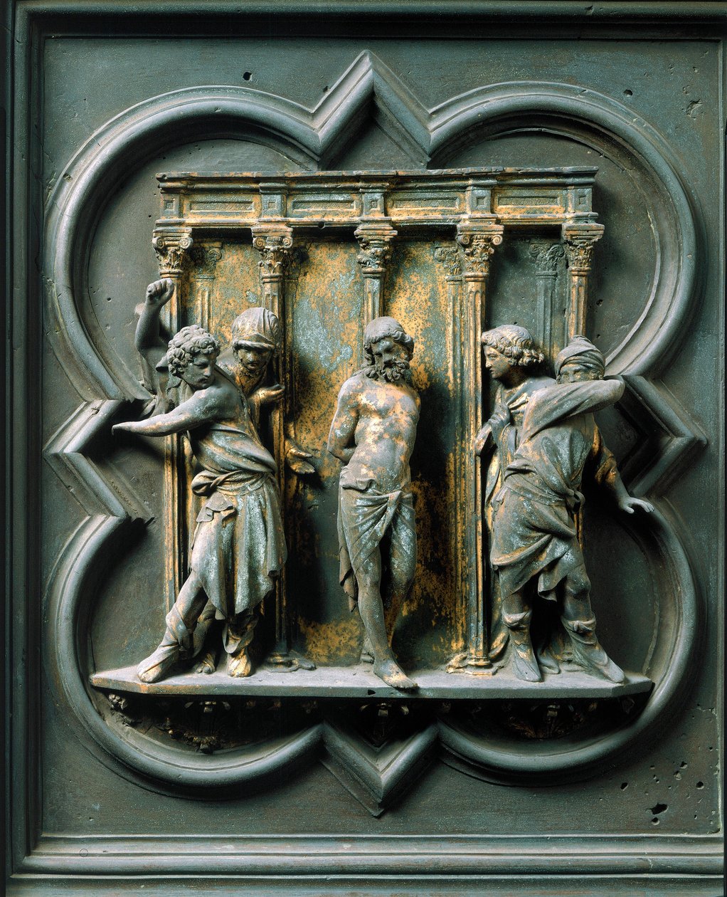 Noordpoort (genoemd Poort van het Kruis, in het noorden), buitendetail: de geseling door Lorenzo Ghiberti