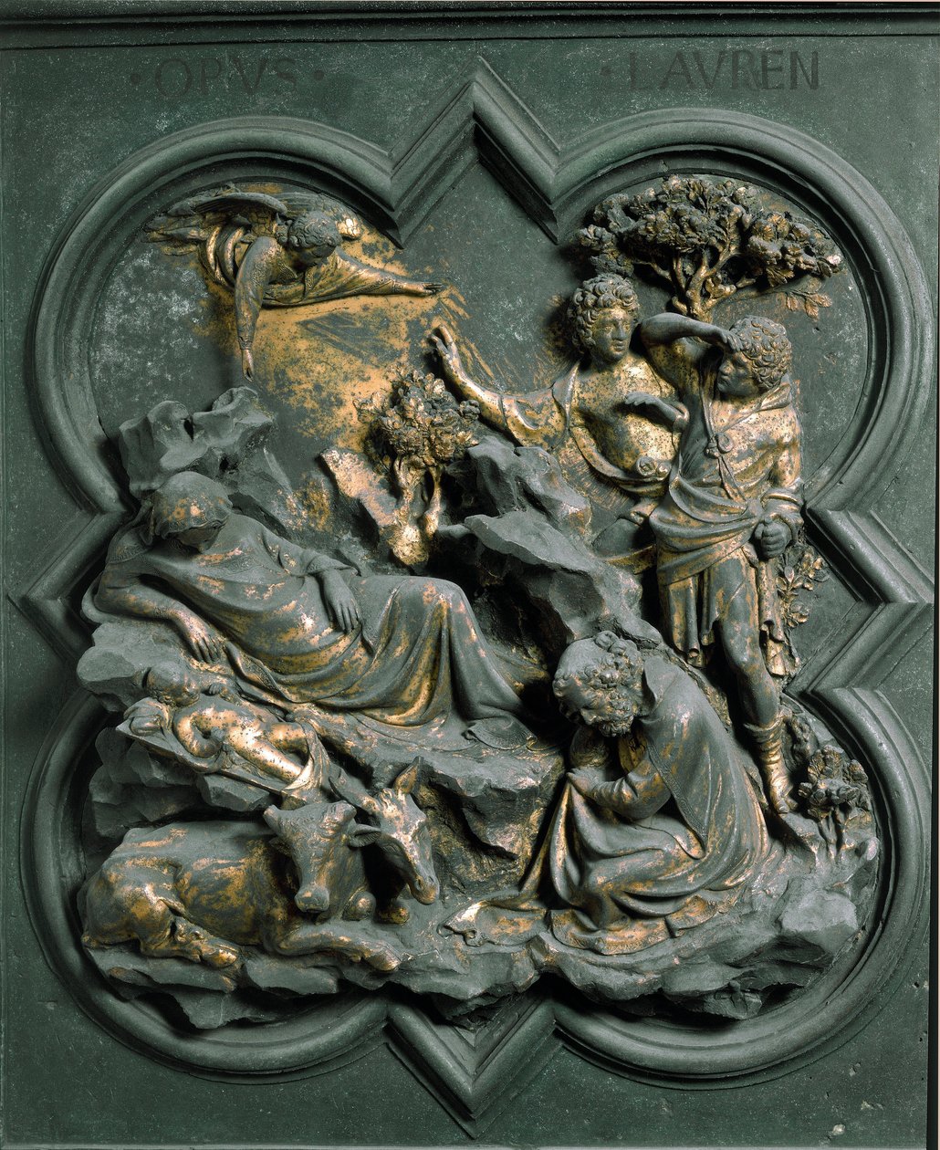 Noordpoort (ook wel Kruispoort genoemd, in het noorden), exterieur detail: de geboorte. Bronzen sculptuur gemaakt door Lorenzo Ghiberti door Lorenzo Ghiberti