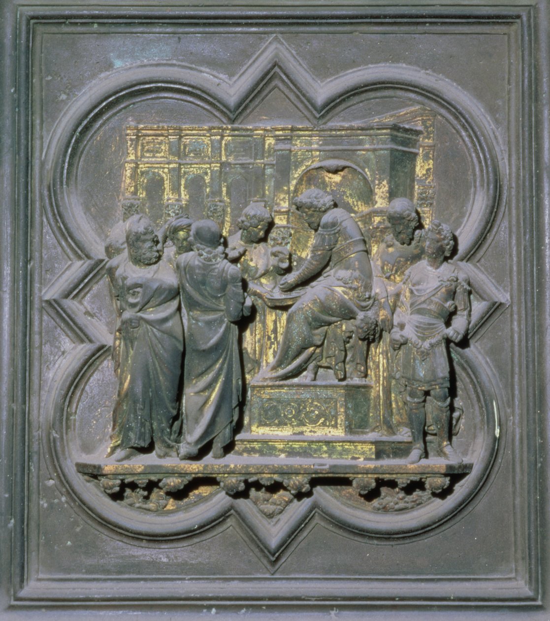 Pontius Pilatus wast zijn handen voor Christus, zestiende paneel van de Noorddeuren van het Baptisterium van San Giovanni, 1403-24 door Lorenzo Ghiberti