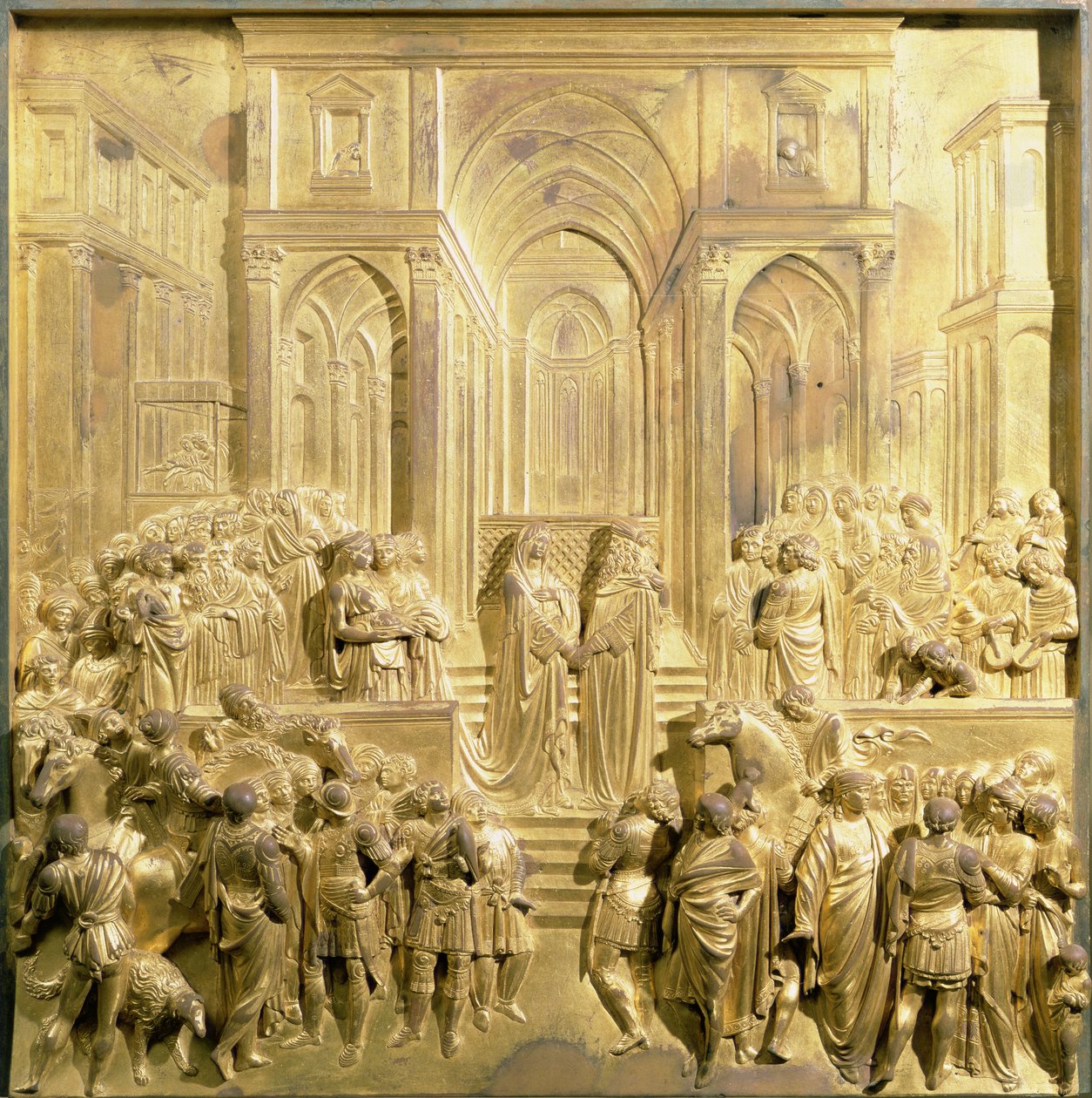 De ontmoeting van koning Salomo en de koningin van Sheba, origineel paneel van de Oostdeuren van de Baptisterium door Lorenzo Ghiberti