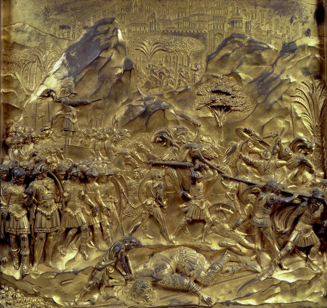 Het verhaal van David en Goliath, een van de tien reliëfpanelen van de Poorten van het Paradijs (Oostdeuren), 1425-52 door Lorenzo Ghiberti