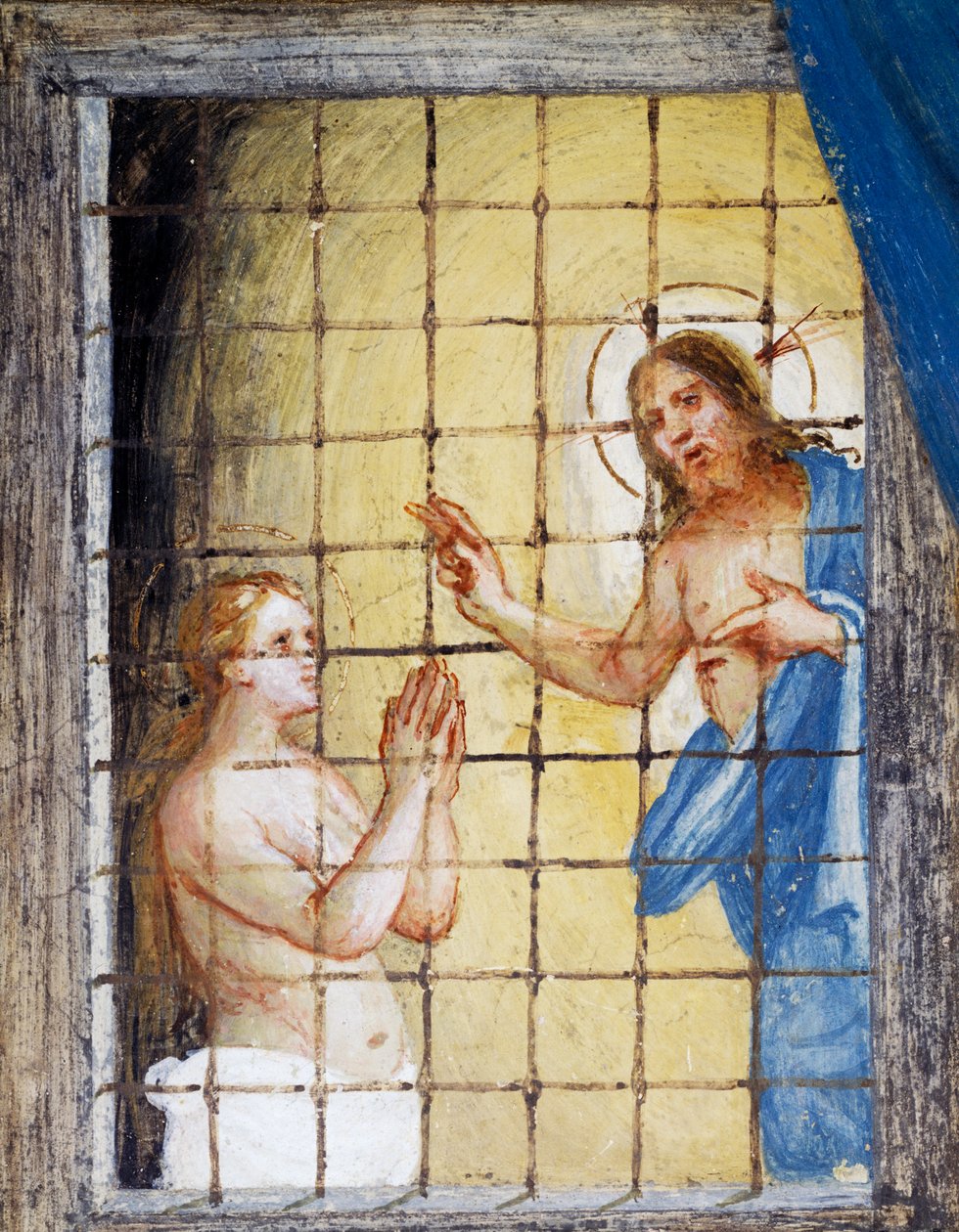 Christus bezoekt Sint Barbara in de gevangenis en geneest haar, detail uit Verhalen van Sint Barbara door Lorenzo Lotto