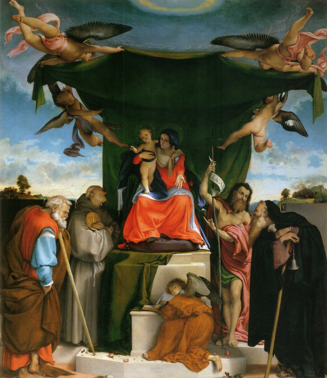 Duits: Thronende Madonna, Engel und Heilige Tronende Madonna met kind, engelen en heiligen door Lorenzo Lotto
