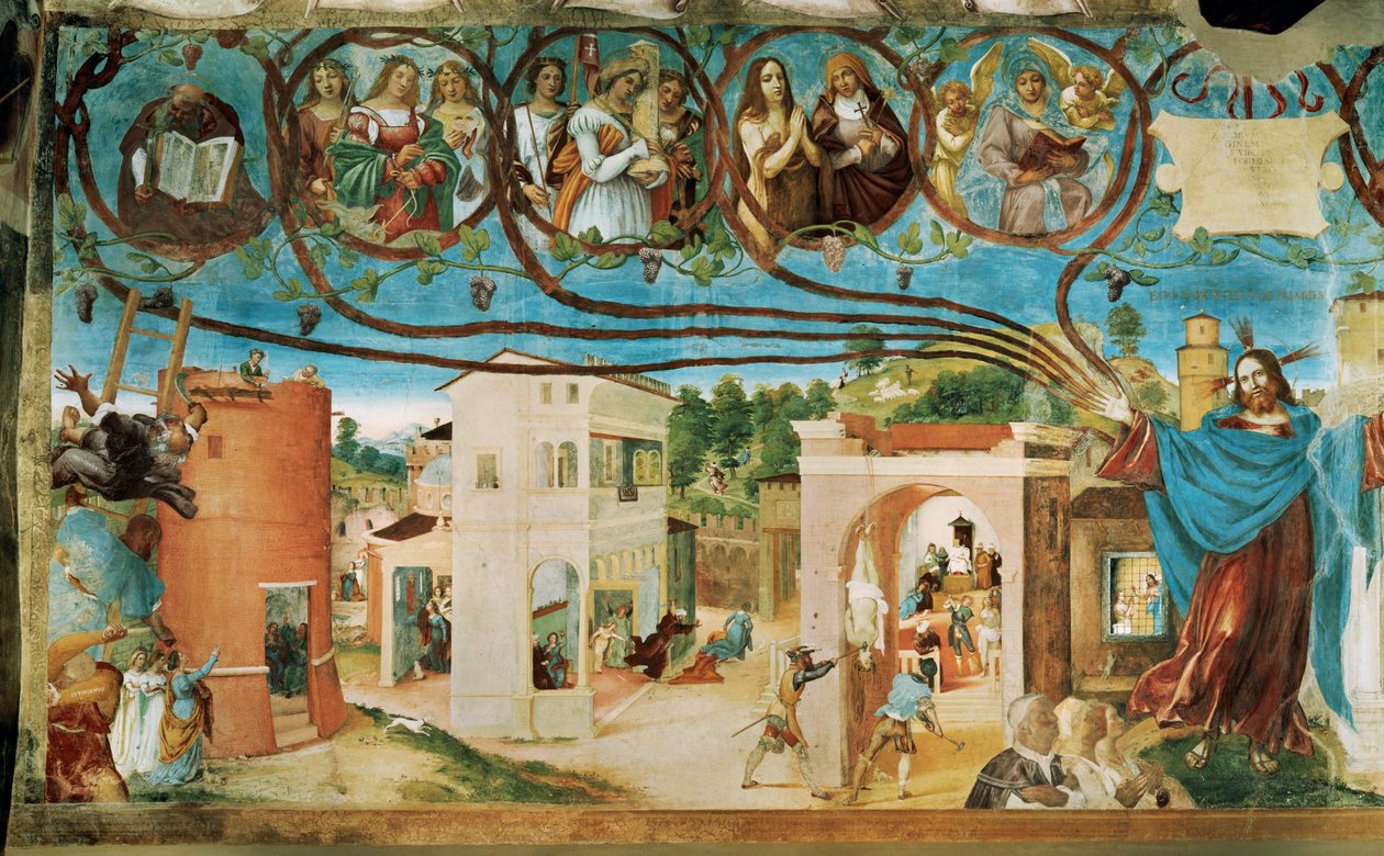 Linkerzijde van de Capella Suardi, Kerk Santa Barbara in Bergamo ... (muurschildering) door Lorenzo Lotto