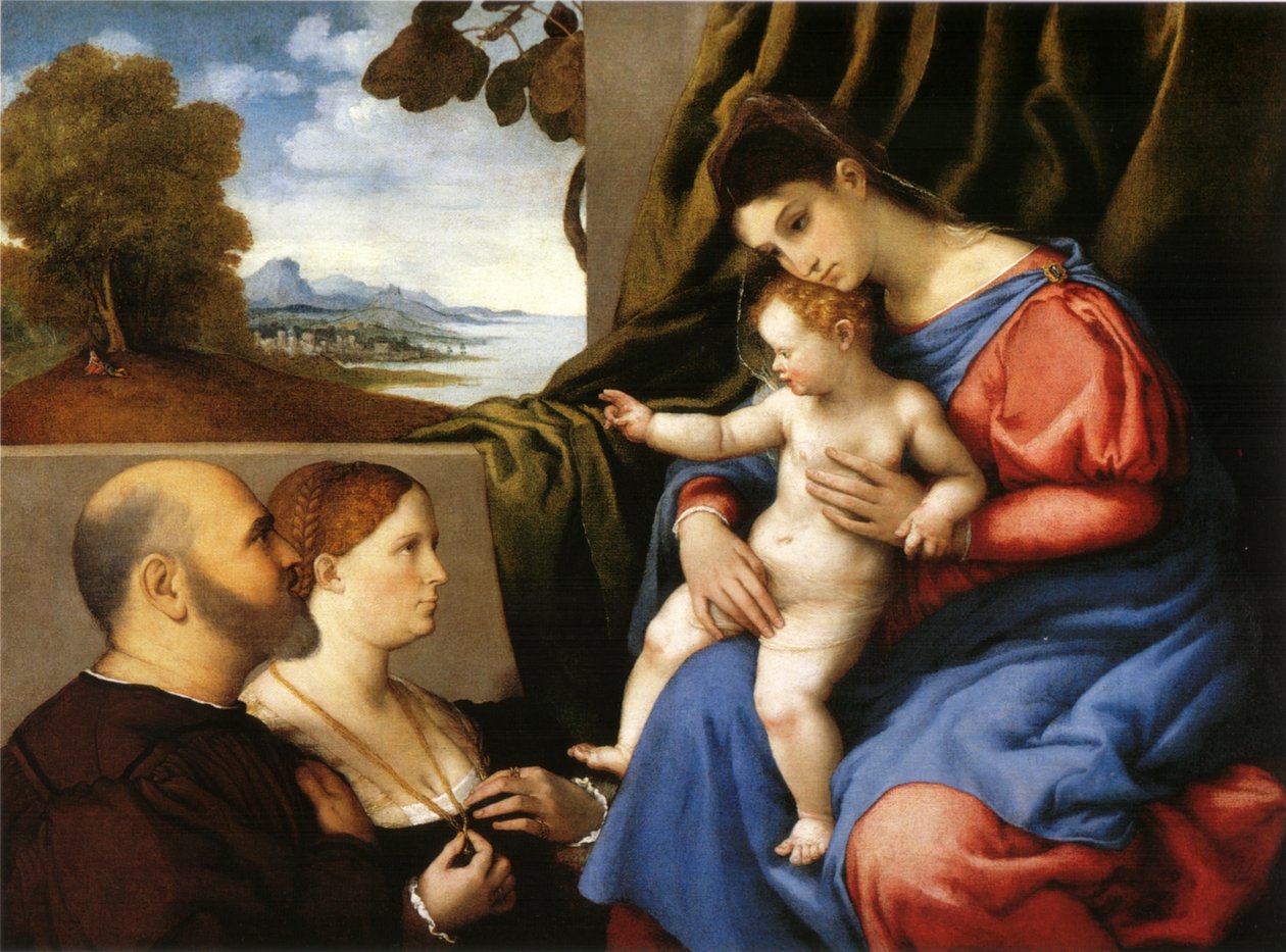 Madonna en kind met twee schenkers door Lorenzo Lotto