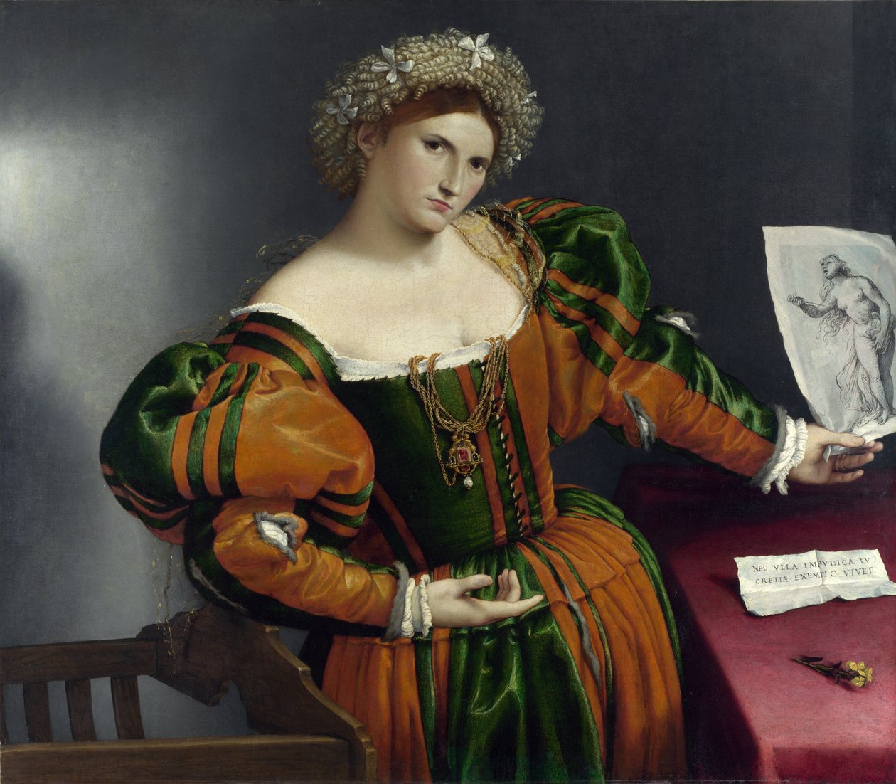 Portret van een Venetiaanse als Lucrezia door Lorenzo Lotto