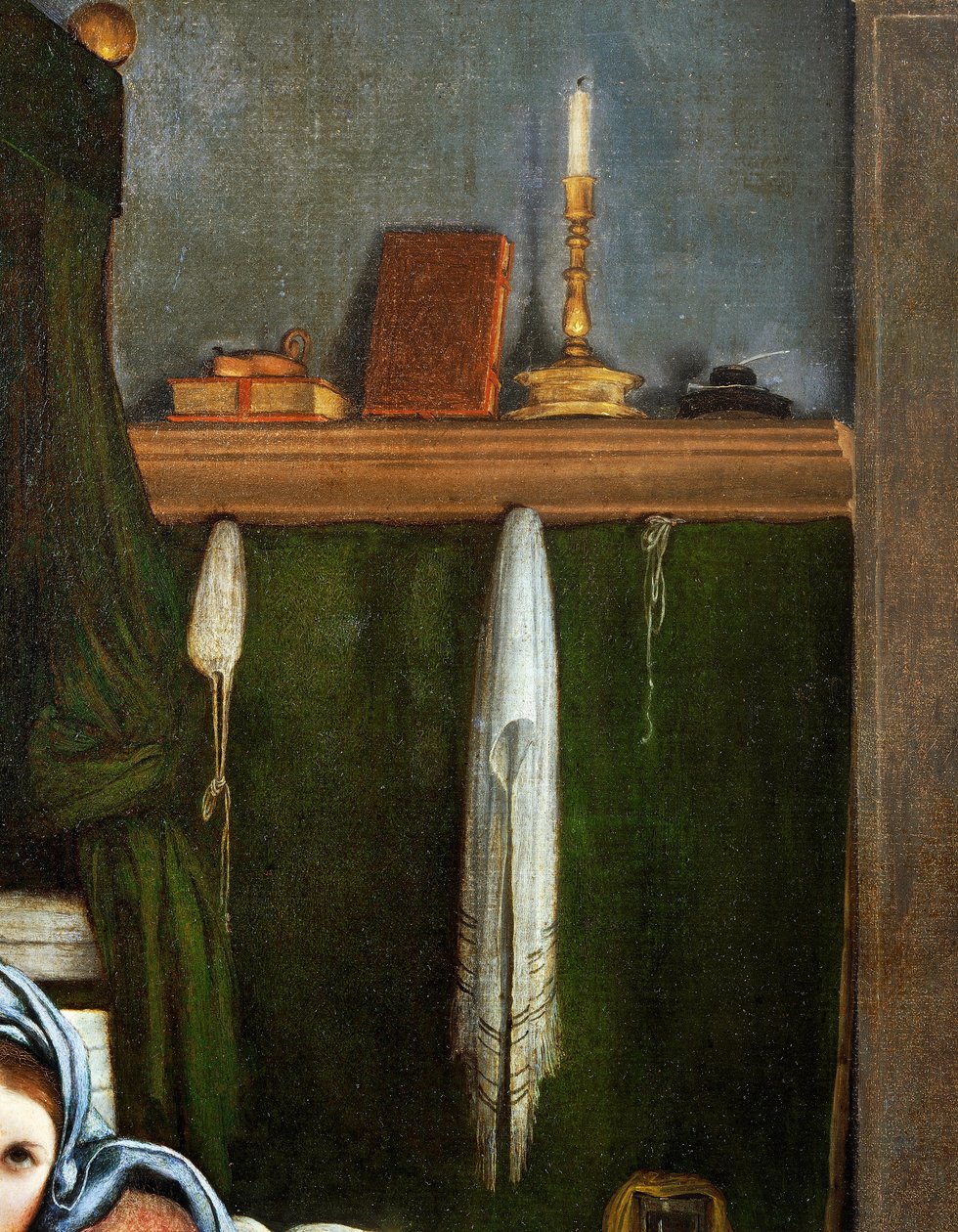 Plank met kandelaar en boeken (detail) door Lorenzo Lotto