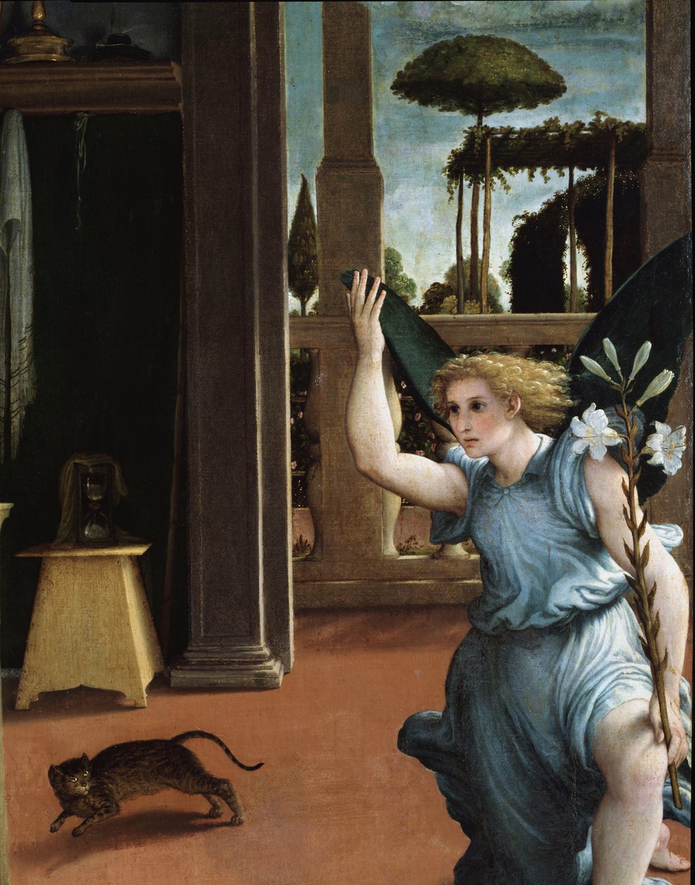 De Annunciatie (detail van de Engel) door Lorenzo Lotto