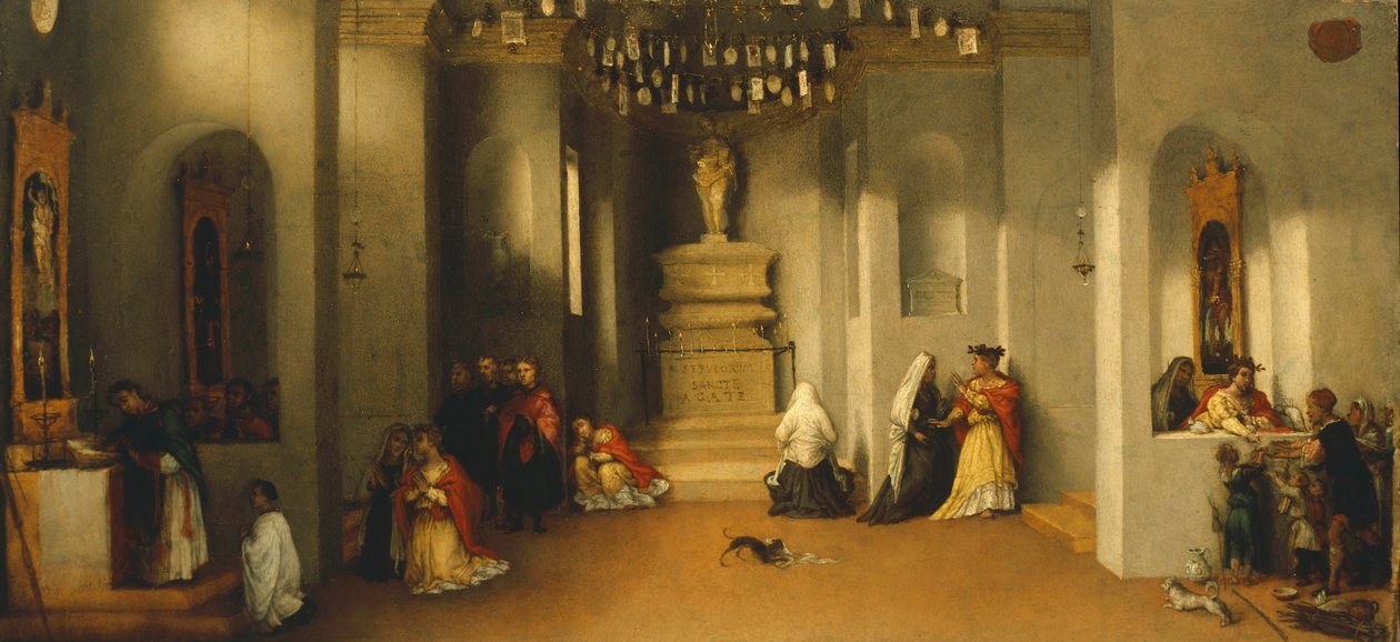De roeping van Heilige Lucia, eerste paneel van predella van Altaarstuk van Heilige Lucia door Lorenzo Lotto
