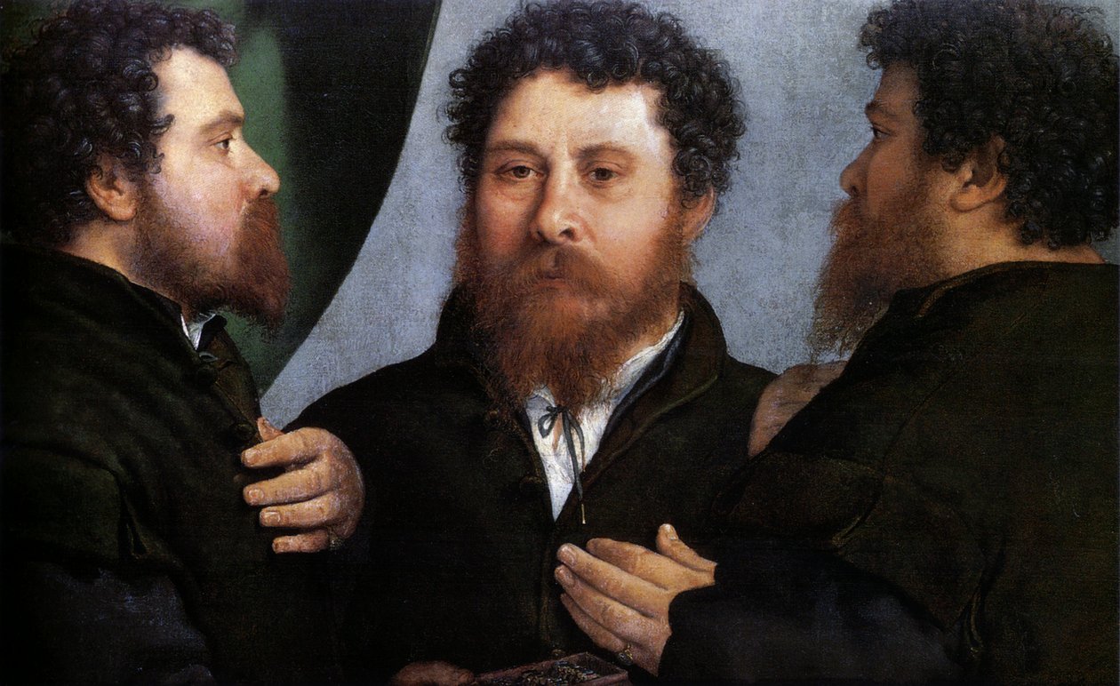 Drievoudig portret van een goudsmid (Bartolomeo Carpan) door Lorenzo Lotto