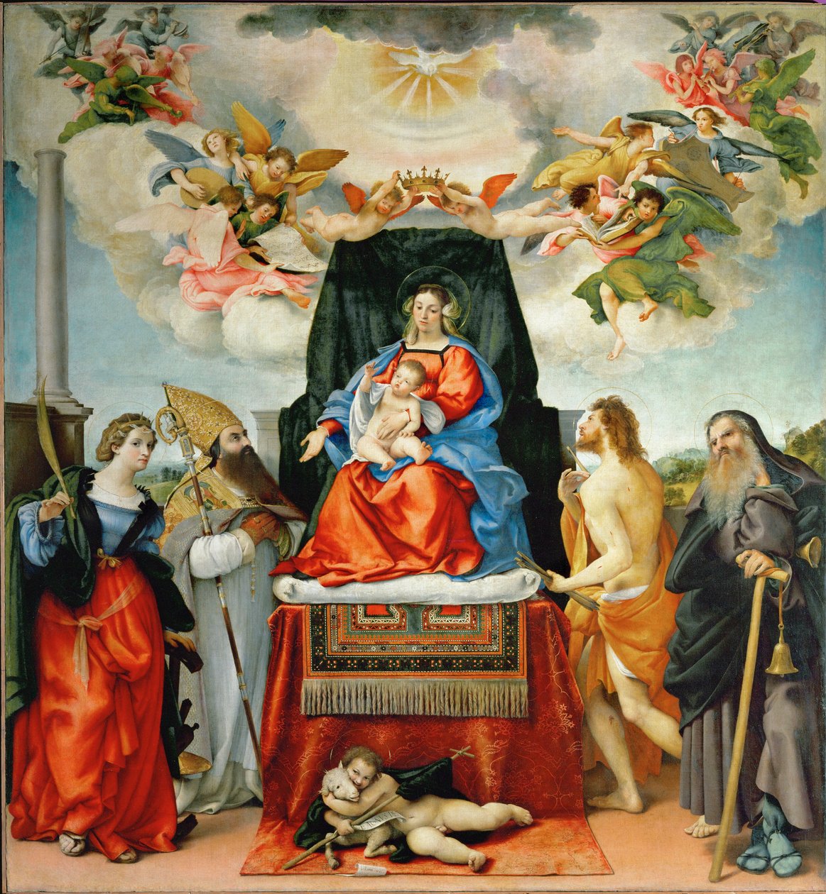 Maagd en kind met de heilige Catharina van Alexandrië, de heilige Augustinus, de heilige Johannes de Doper, de heilige Sebastiaan en de heilige Antonius Abt (schilderij op doek) door Lorenzo Lotto