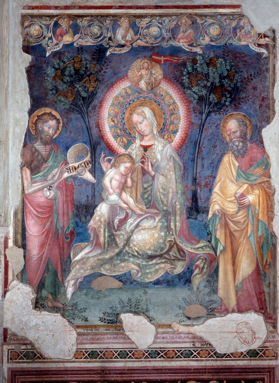 Maagd met kind omringd door de apostel Jacobus en Johannes de Doper door Lorenzo Salimbeni