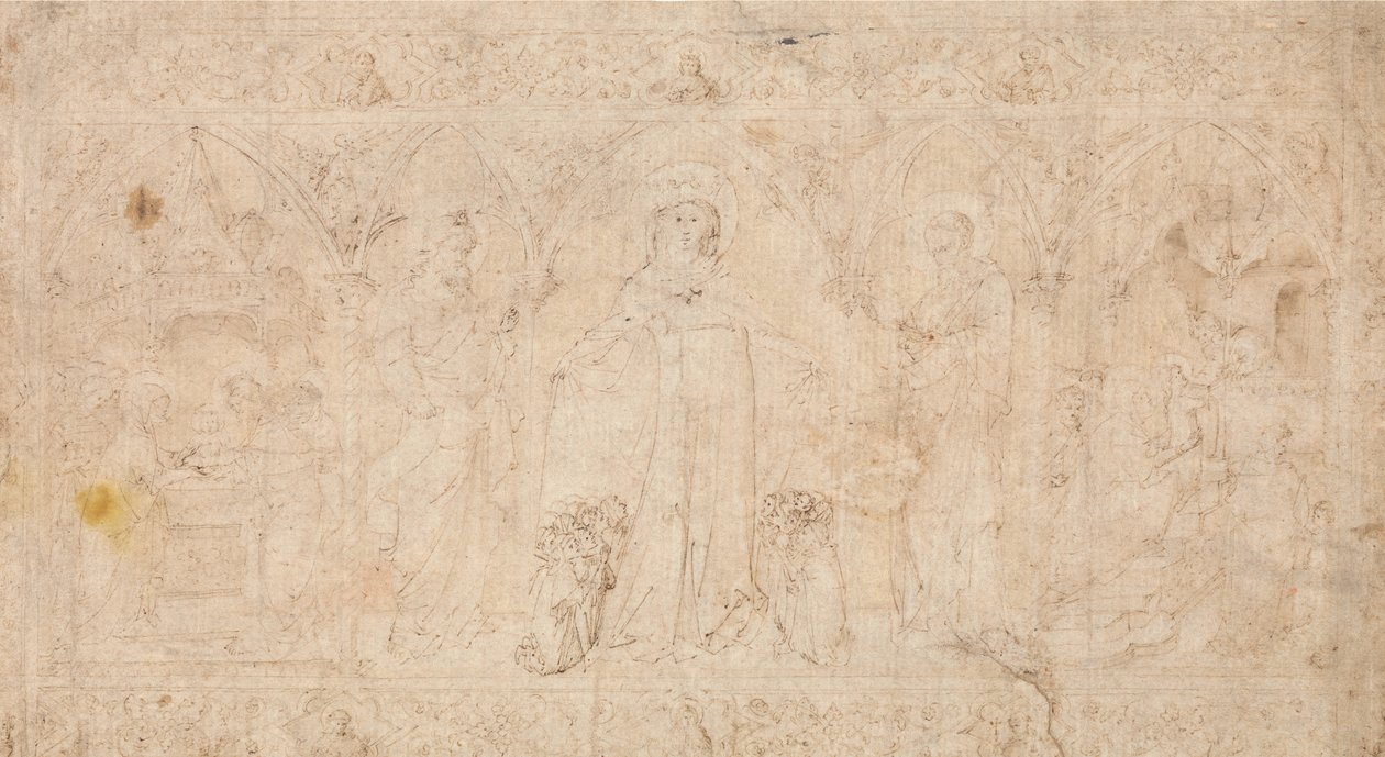 Ontwerp voor een antependium: De Madonna della Misericordia met heiligen Johannes de Doper, ca. 1370 door Lorenzo Veneziano.