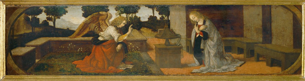 Annunciatie, deel van een predella ... door Lorenzo di Credi