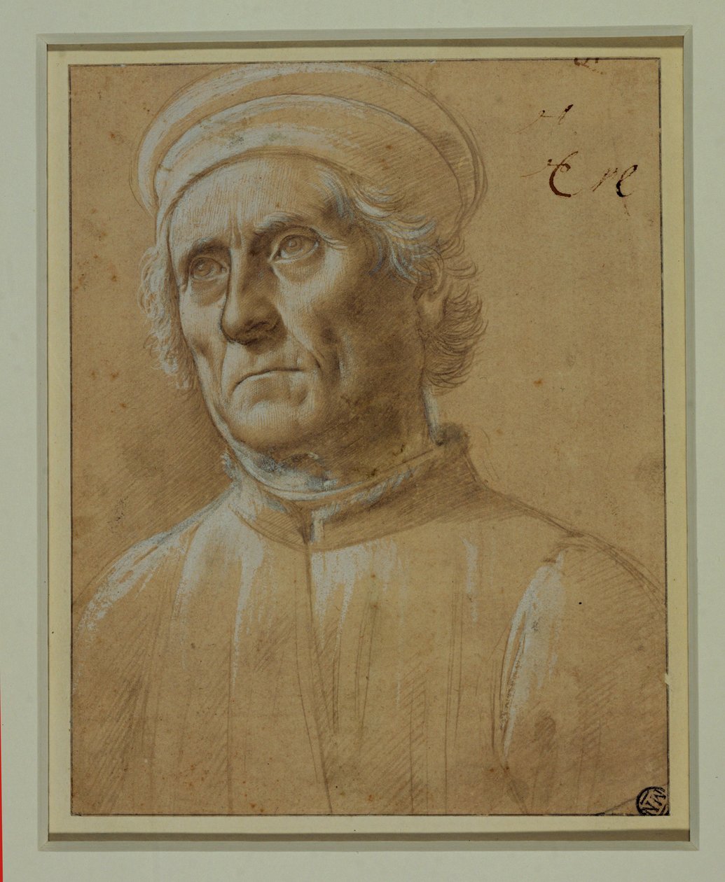 Borstbeeld van een oude man met ronde hoed ... door Lorenzo di Credi