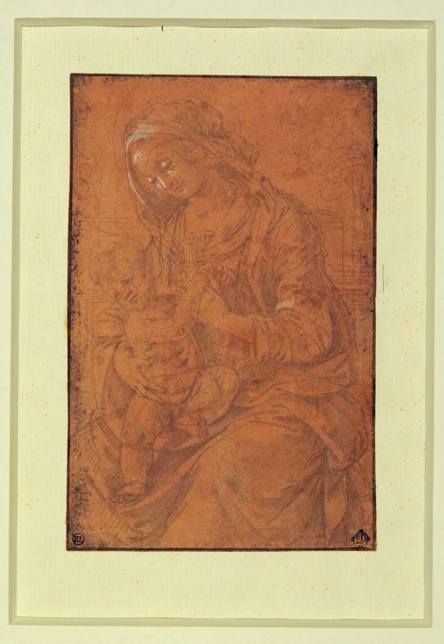 Madonna. Zilveren penpunt, wit gehoogd op zalmroze papier ... door Lorenzo di Credi