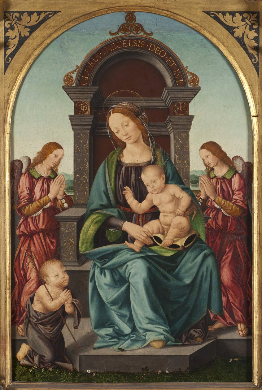 Madonna met het Kind, de jonge Johannes en engelen door Lorenzo di Credi