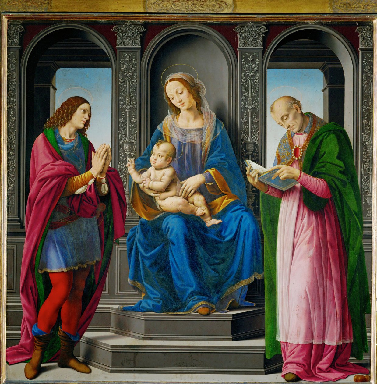Madonna met kind, omringd door Sint-Juliaan en Sint-Nicolaas van Myra ... door Lorenzo di Credi