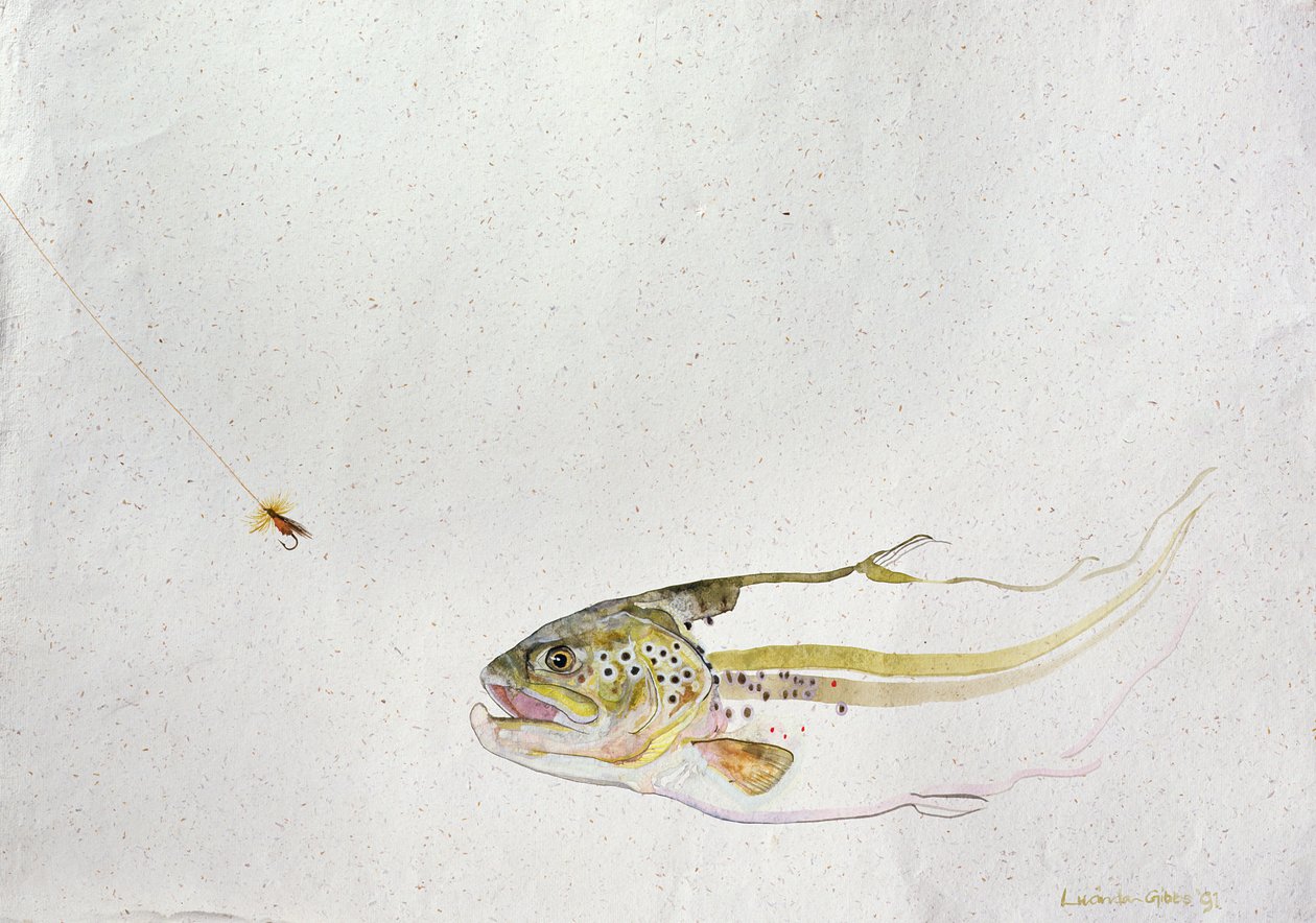 Forel die een vissersvlieg achterna zit, 1991 door Lou Gibbs
