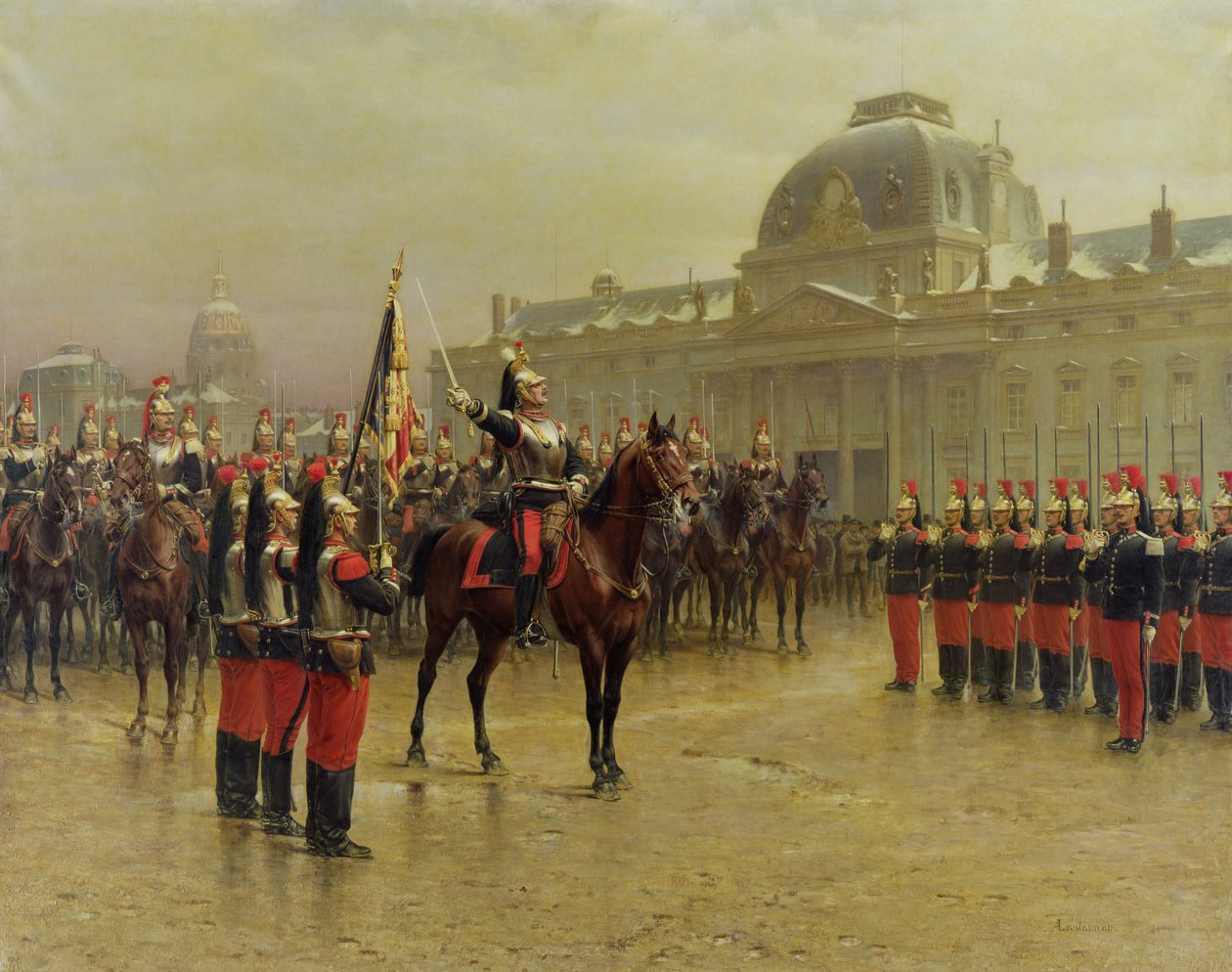 Kolonel de La Rochetulon presenteert aan de rekruten van de 6e cavalerie de standaard van het regiment in januari 1887, ca. 1887 door Louis Auguste Georges Loustaunau