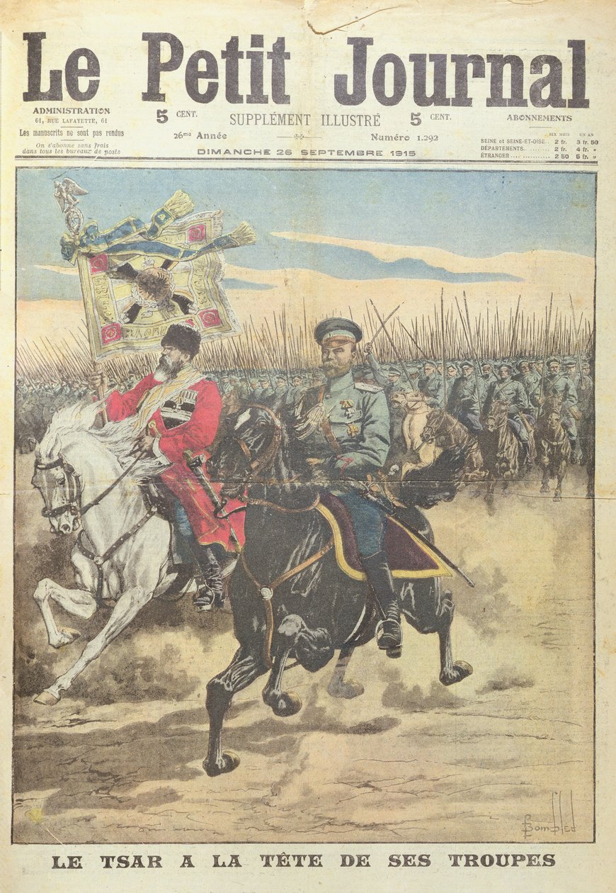 Tsaar Nicolaas II van Rusland aan het hoofd van zijn troepen, voorpagina illustratie uit 