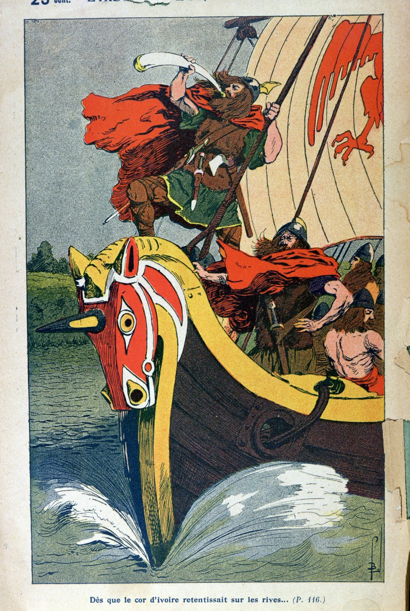 Viking die de hoorn blaast op een langschip terwijl het de Noorse kust nadert, geïllustreerde plaat uit een populaire editie van 