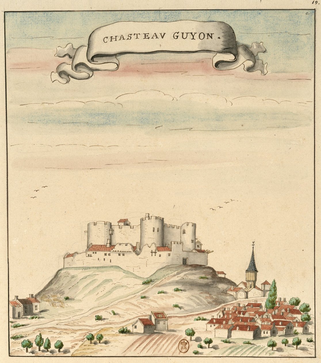 Tekening van het kasteel en het dorp Châtel-Guyon (circa 1450) geïnspireerd door Guillaume Revel, L