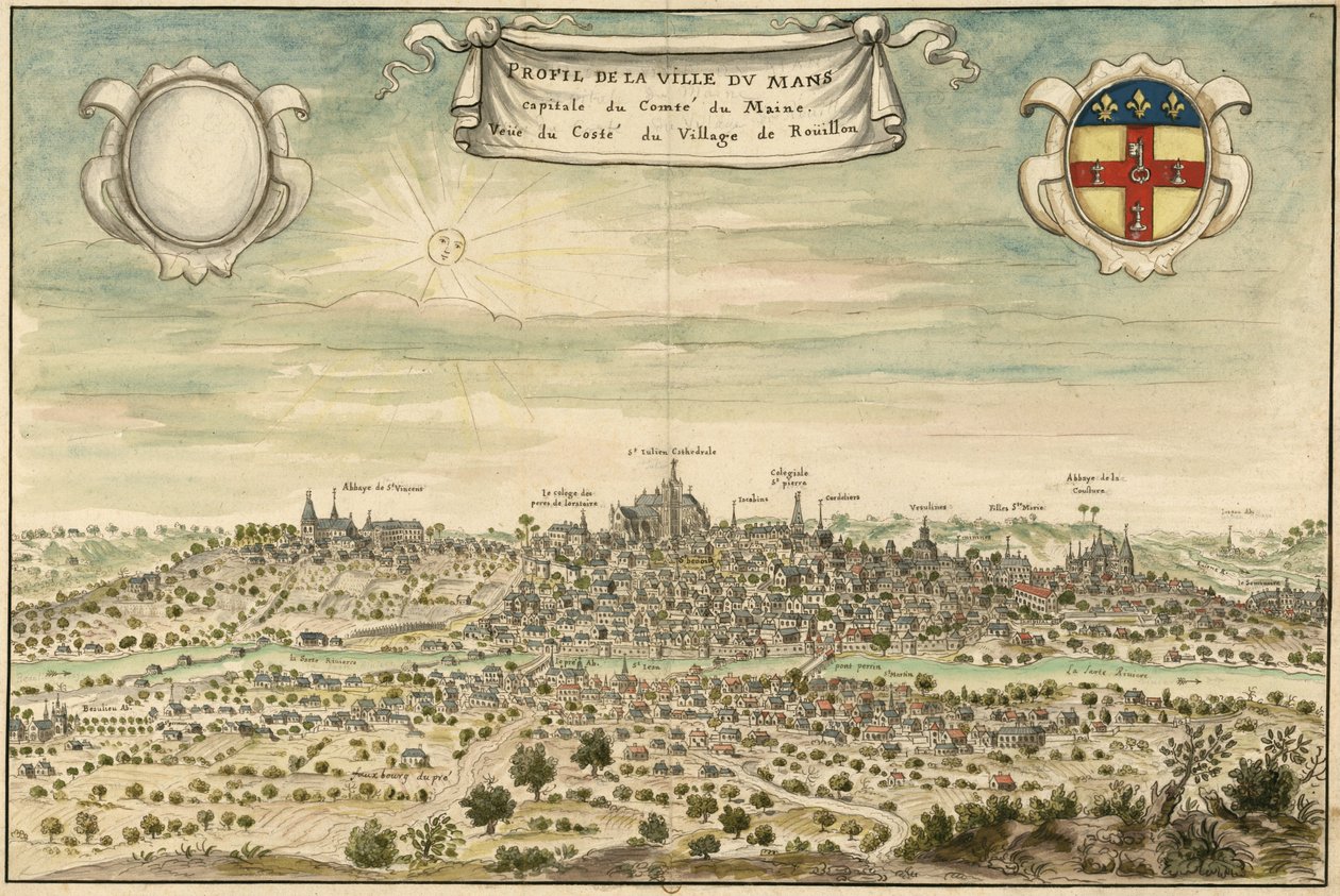 Profiel van de stad Le Mans, hoofdstad van het graafschap Maine. Gezien vanaf het dorp Roüillon door Louis Boudan