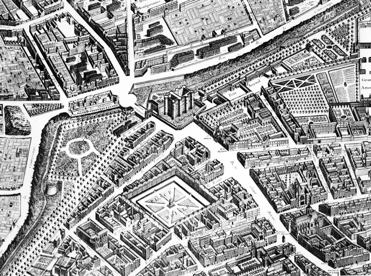 De Bastille, de Place Royale nu Place des Vosges en de Rue Saint-Antoine, detail van het Plan van Parijs, bekend als het Plan de Turgot, gegraveerd door Claude Lucas, 1734-39 gravure (detail) door Louis Bretez