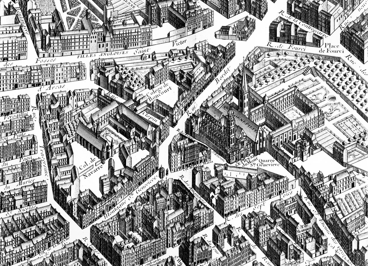 Het Sainte-Geneviève gebied, Parijs, detail van het Plan van Parijs, bekend als het Plan de Turgot, gegraveerd door Claude Lucas, 1734-39 gravure (detail) door Louis Bretez