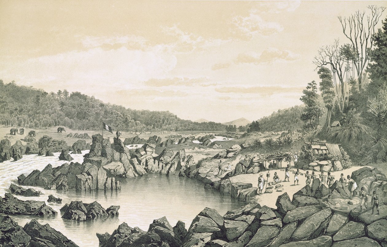 Frans kamp aan de oevers van de rivier Mekong, uit 