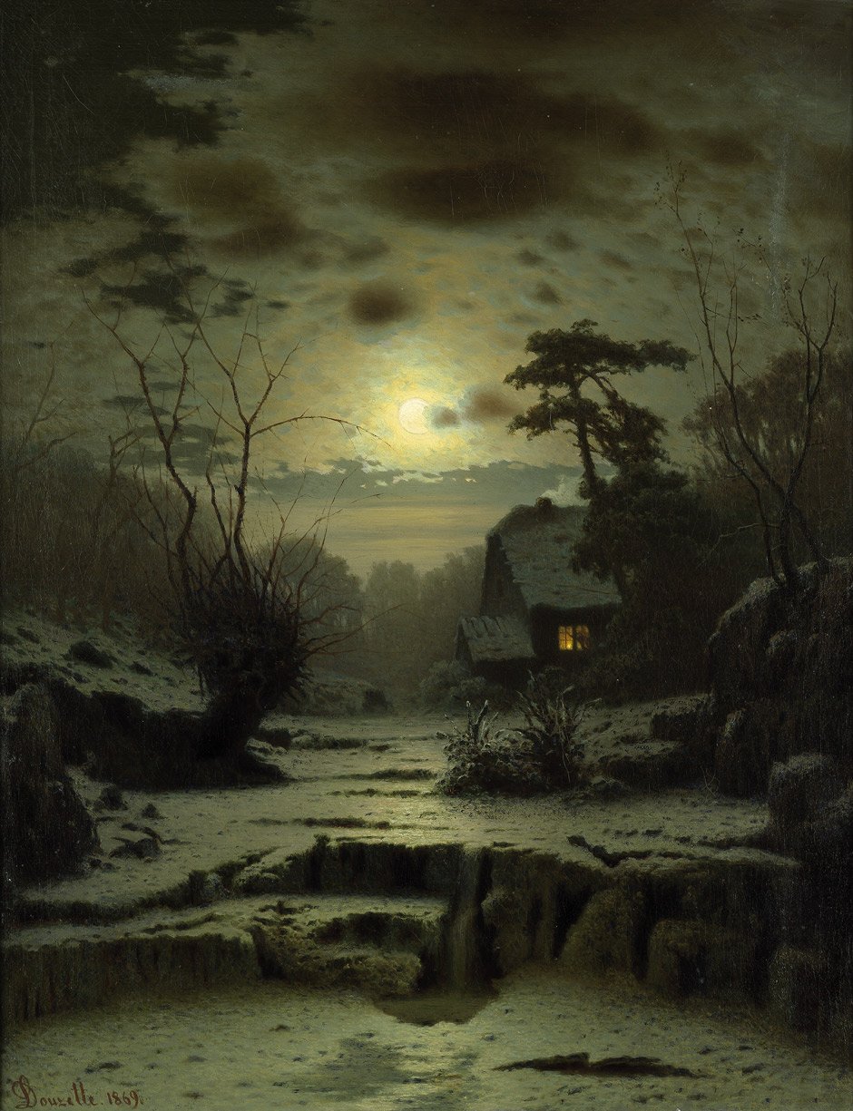 Winterlandschap bij volle maan door Louis Douzette