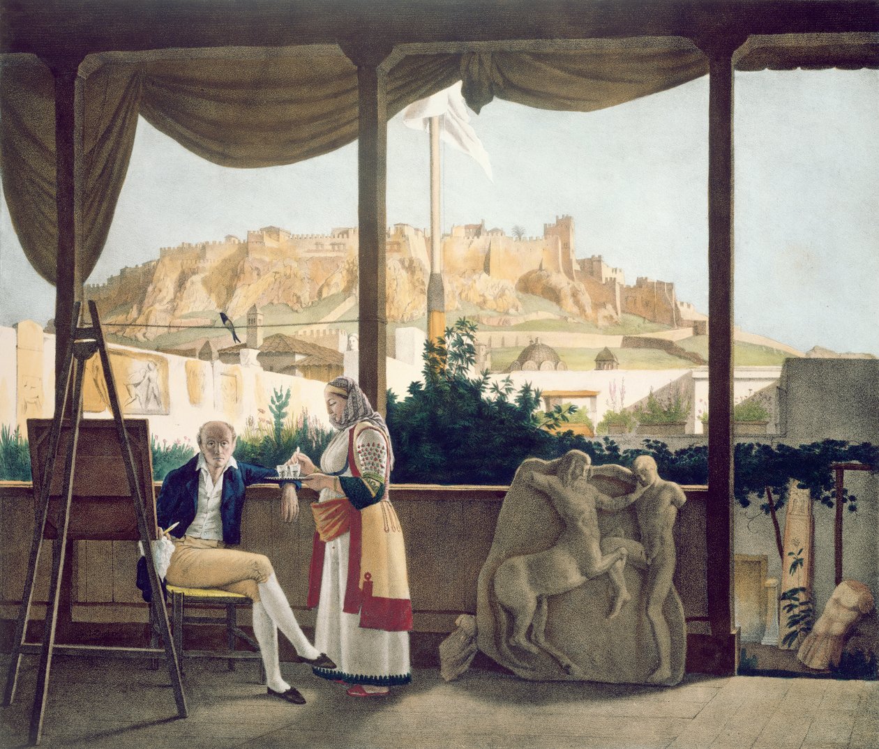 De Franse consul, Monsieur Fauvel, op het terras van zijn huis in Athene, gegraveerd door de gebroeders Thierry, 1825 door Louis Dupré