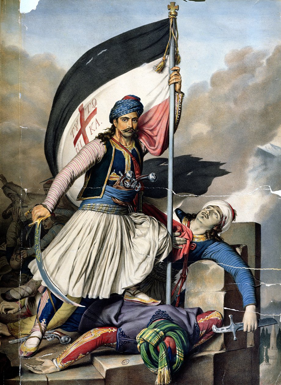 De Griekse Opstand, de vaandeldrager in Salona op Paasdag 1821, litho door Lemercier voor 