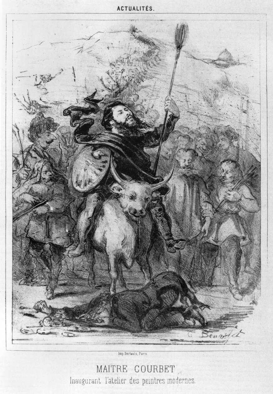 Maitre Courbet opent het atelier van moderne schilders, karikatuur uit Le Boulevard, 1862 door Louis Emile Benassit