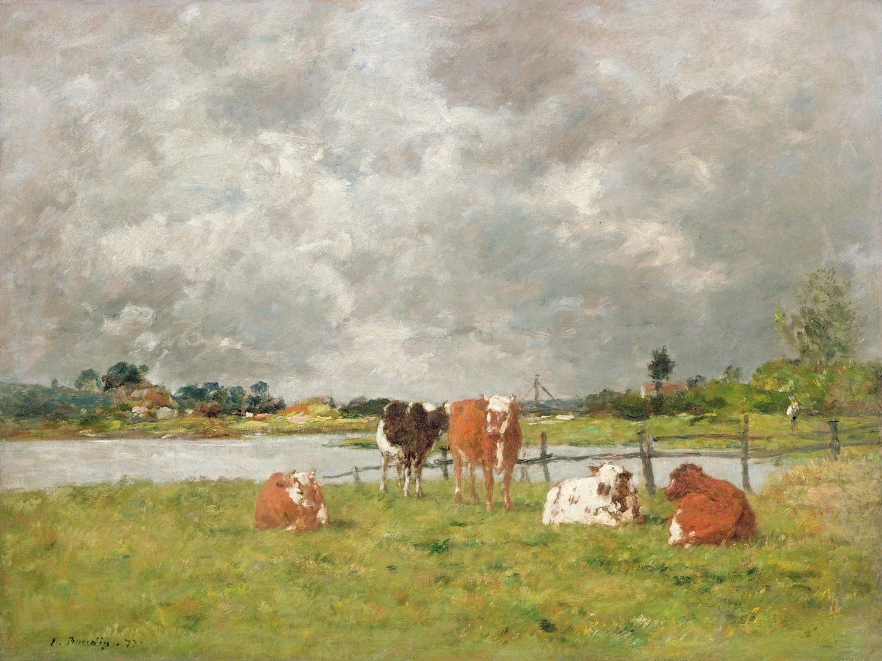Koeien in een veld onder een stormachtige lucht, 1877 door Eugene Louis Boudin