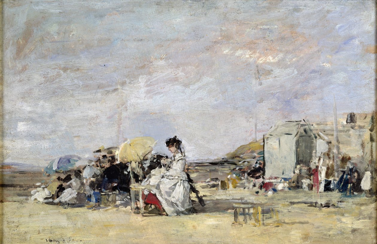 Vrouw in het wit op het strand van Trouville, 1869 door Eugene Louis Boudin