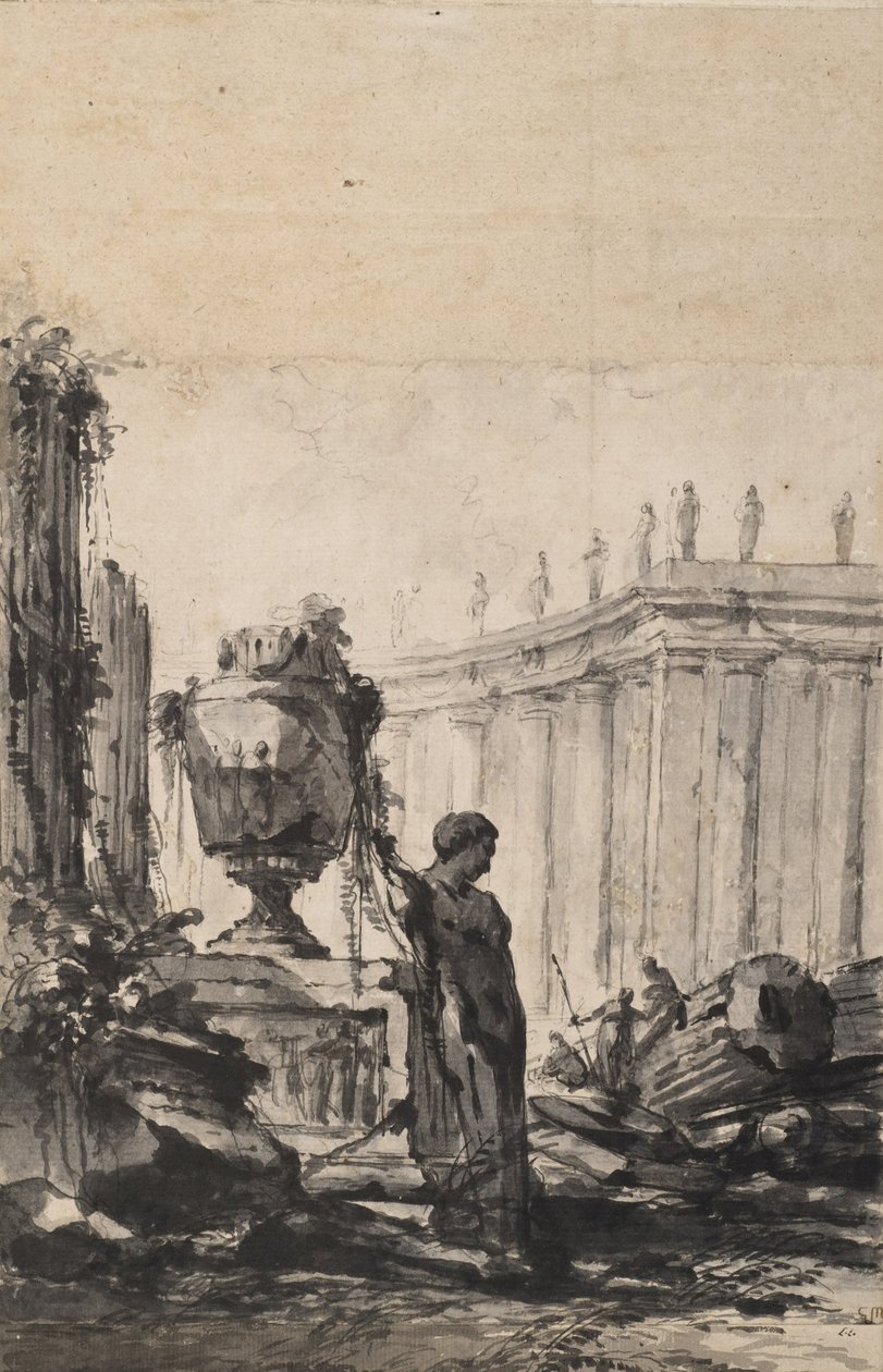 Architectonische fantasie met vaas, herm en colonnade door Louis Joseph Le Lorrain