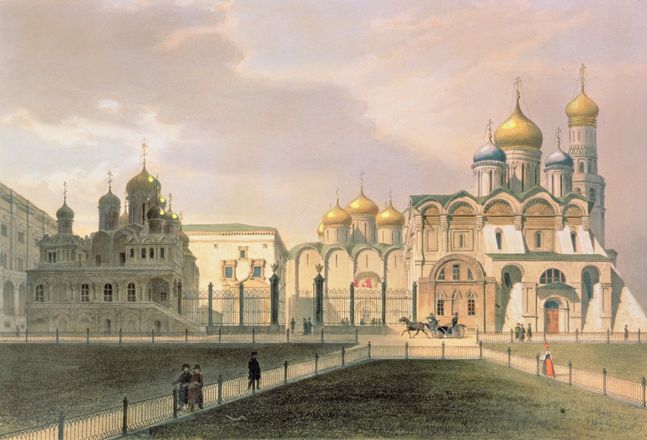 Uitzicht op de kathedralen in het Kremlin van Moskou, gedrukt door Lemercier, Parijs, 1840s door Louis Jules Arnout