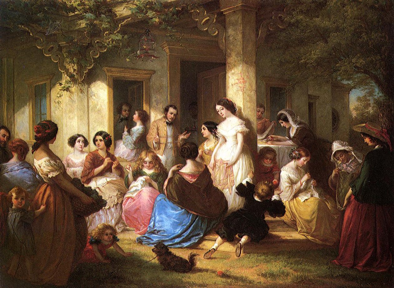 Een Naaiavond, 1857 door Louis Lang